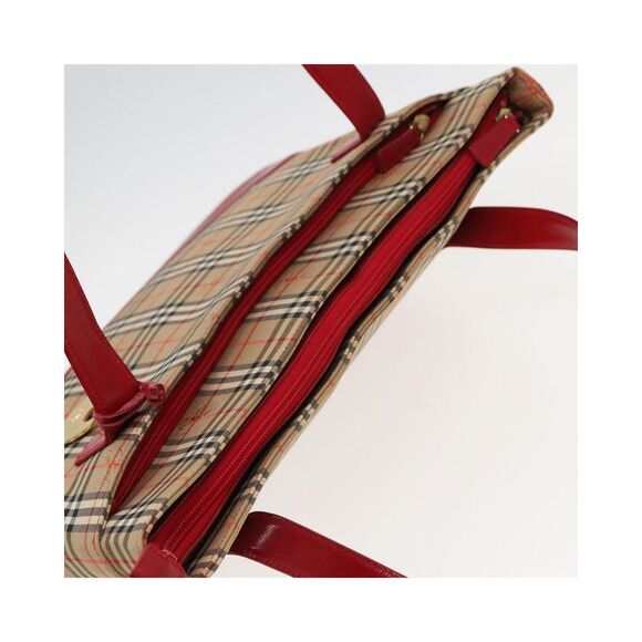 Pre Loved Burberry Red Leather Trim Tote Beige Check Pattern Women Tote Bags - Picture 6 of 8